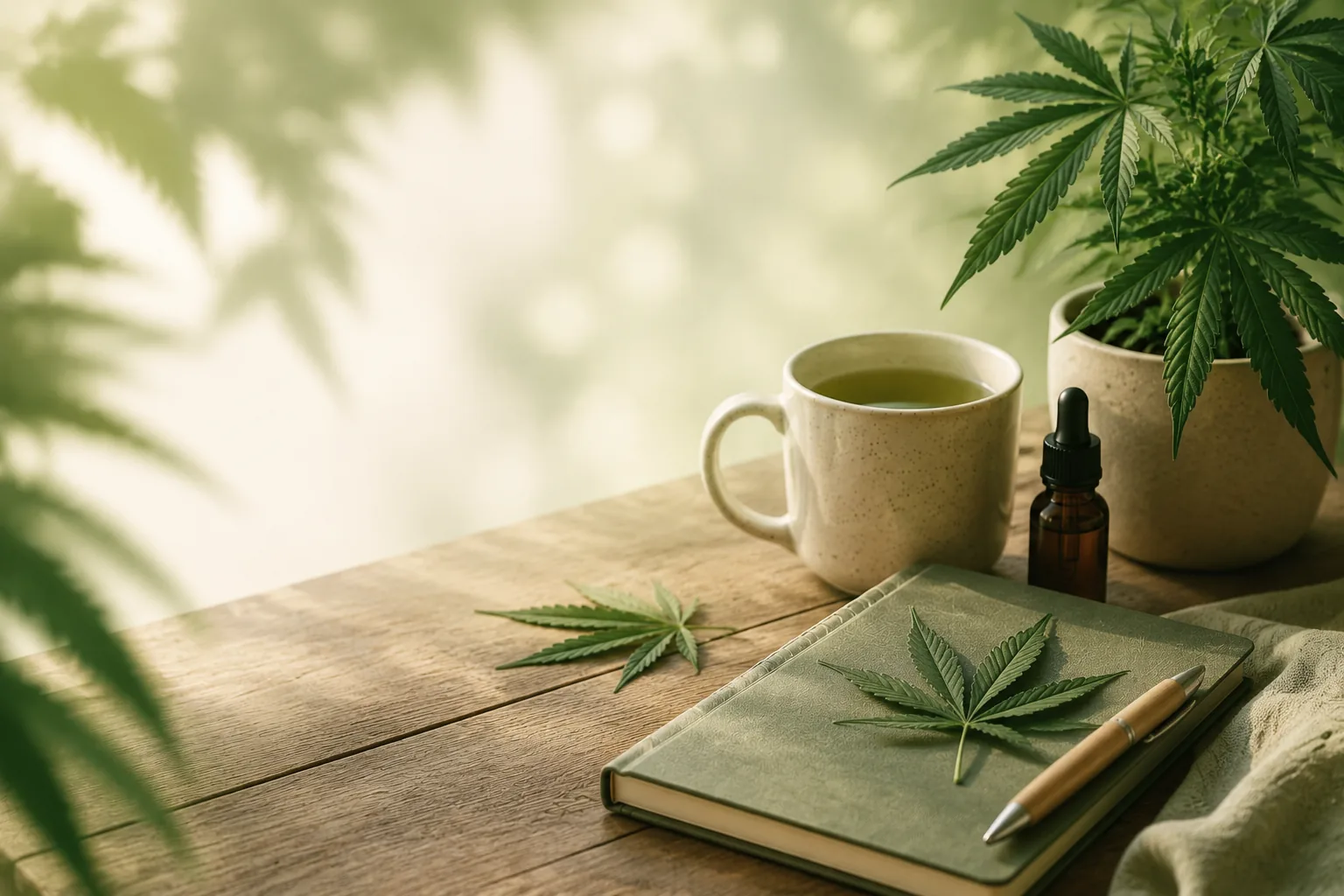 Cannabis wellness — journal, tea, and plants