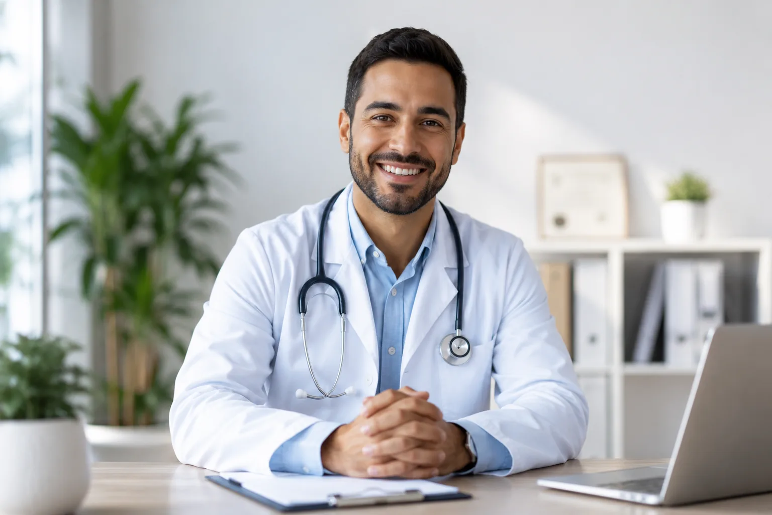 Smiling doctor at desk